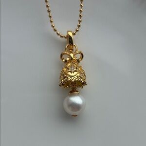 Gold Pearl Pendant Necklace with Freshwater Pearls|holiday necklace|Xmas Bell